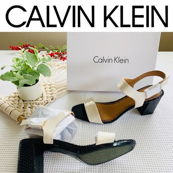 CALVIN KLEIN Shoes NEW Block Heel Open Toe Sandal High Heels Cream Black Shoes 8 - Picture 3 of 8